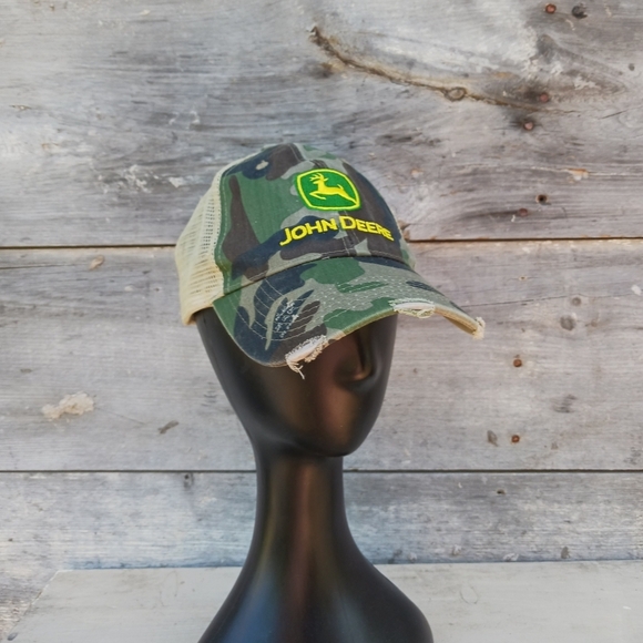John Deere Other - John Deere Camo Camouflage Tan Mesh Snapback Cap Hat Distressed One Size
